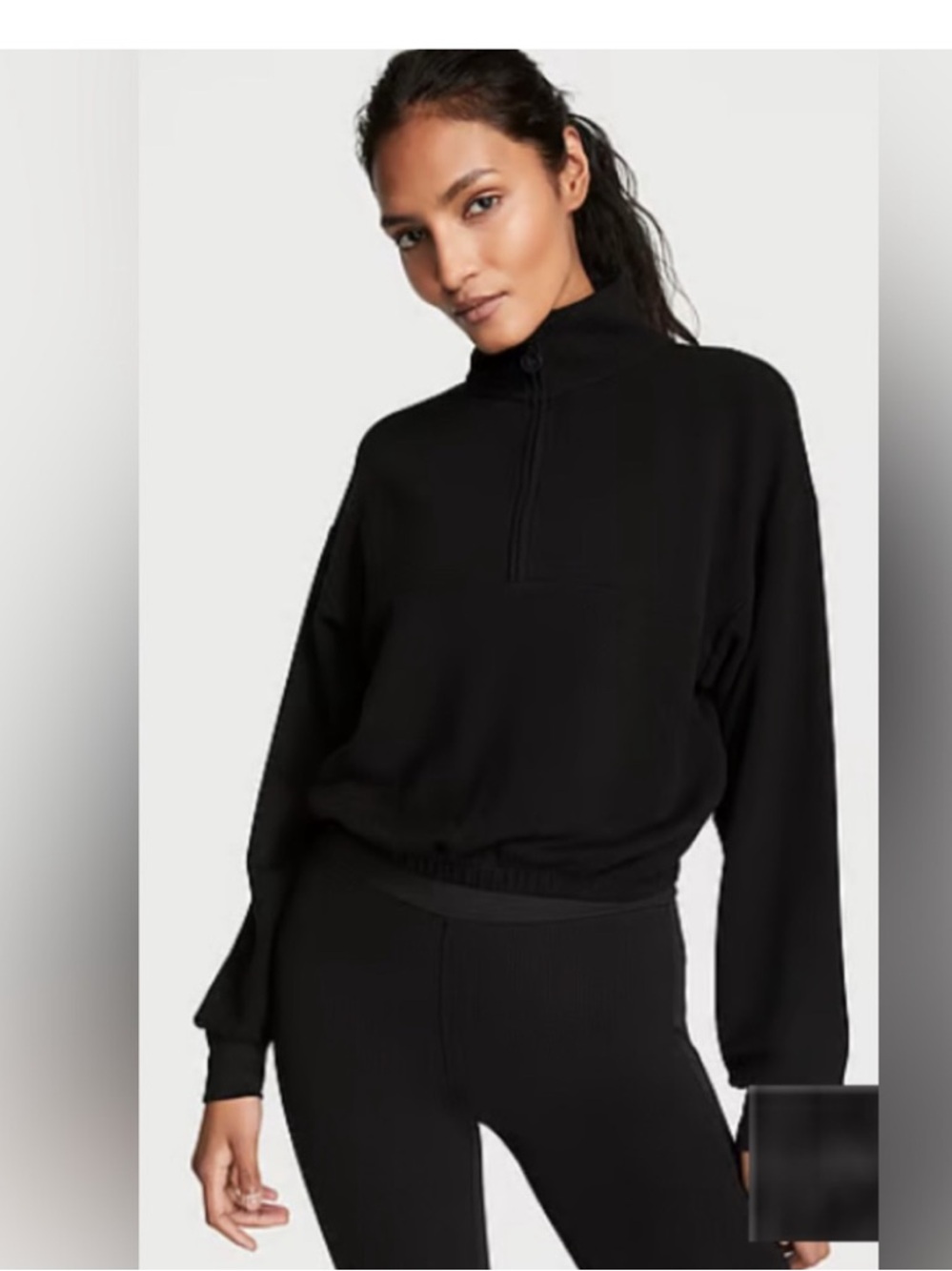 Victorias Secret Waffle Knit Quarter Zip Pullover Black Small Mock Neck Crop
